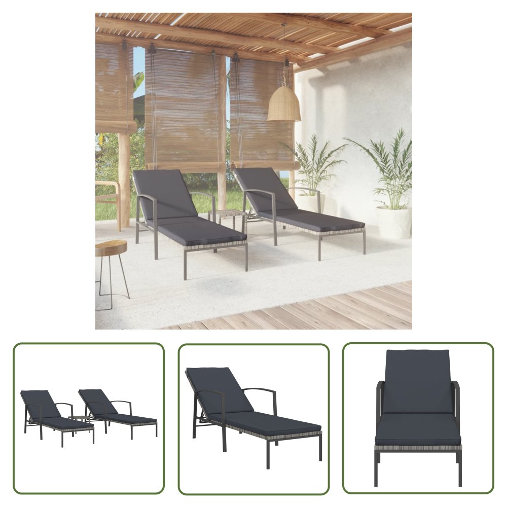 The Living Store Leżaki ze stolikiem - 2 szt. - polirattan - szare - Leżak Ze Stolikiem