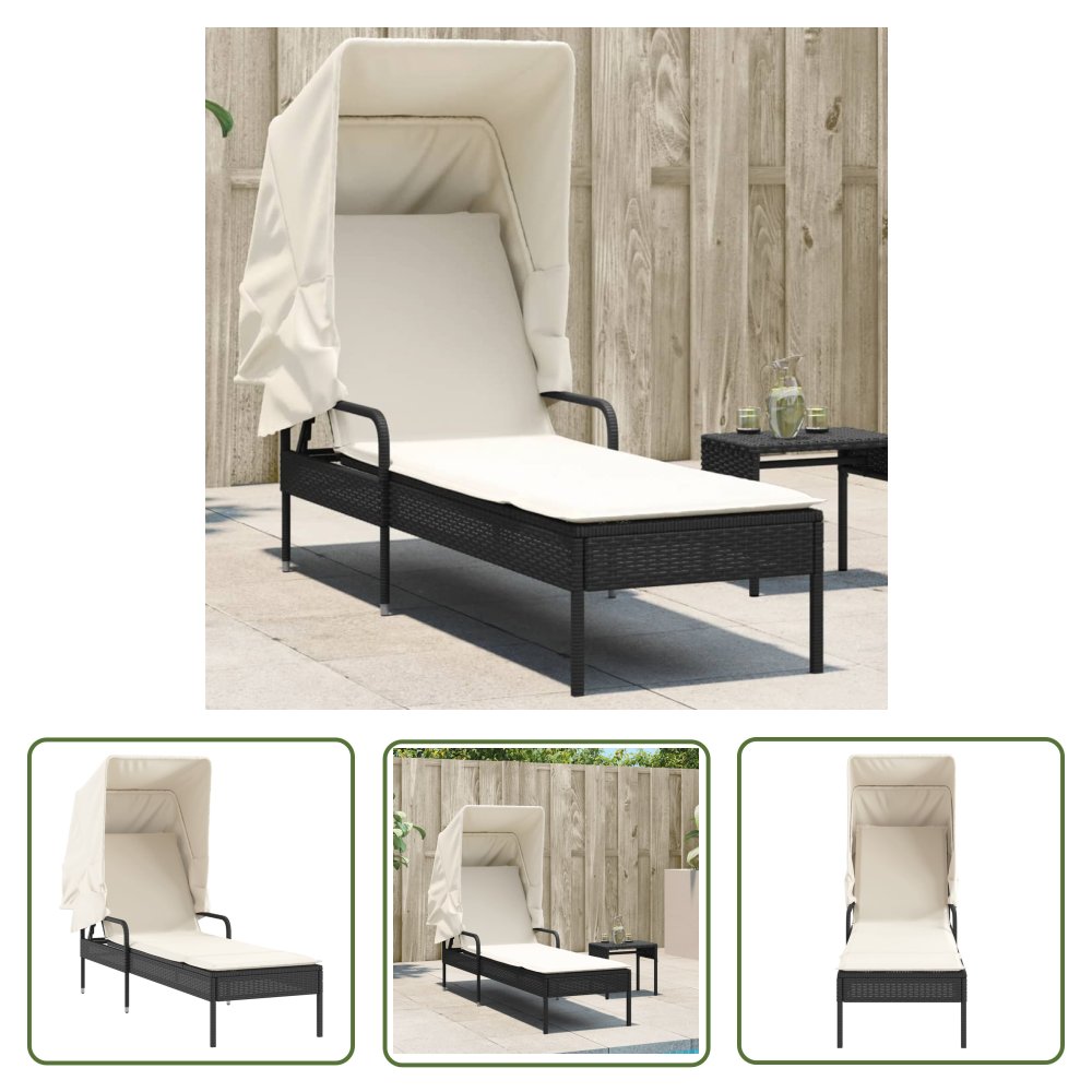 The Living Store Leżanka z zadaszeniem - czarna - polirattan - Leżak