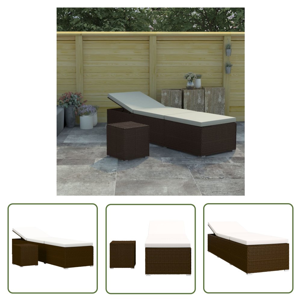 The Living Store Leżak z poduszką i stolikiem - polirattan - brązowy - Leżak