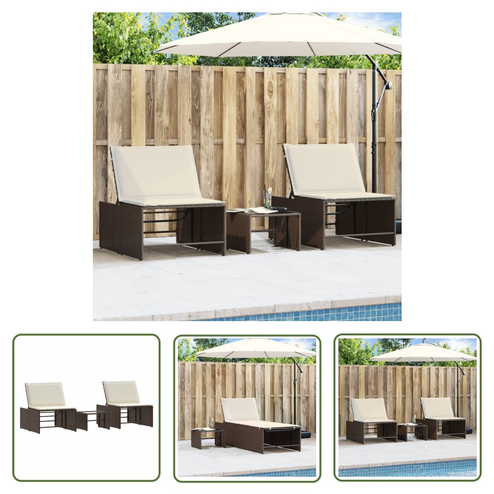 The Living Store Leżaki ze stolikiem - 2 szt. - brązowe - polirattan - Leżak