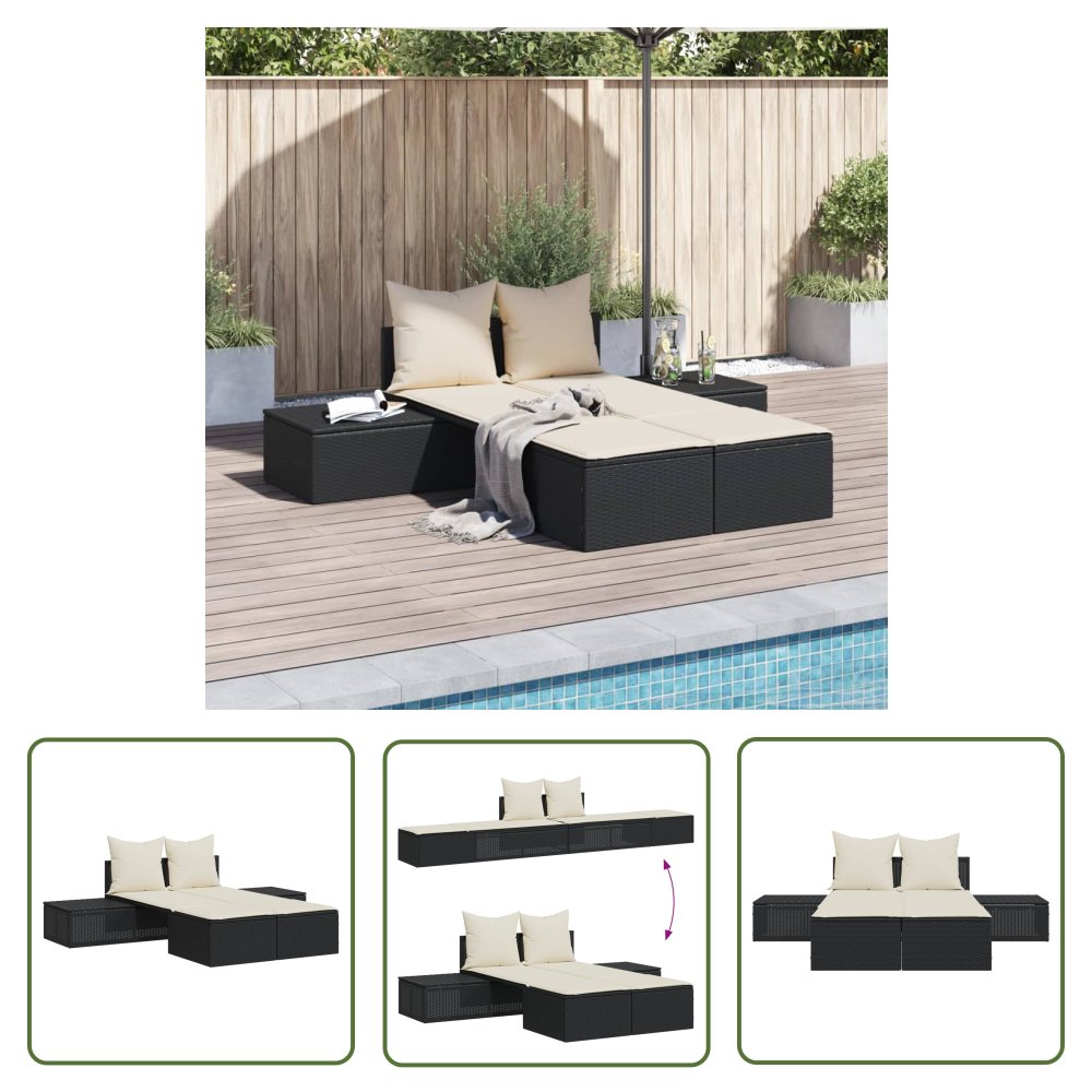 The Living Store Podwójna leżanka z poduszkami - czarna - polirattan - Leżak