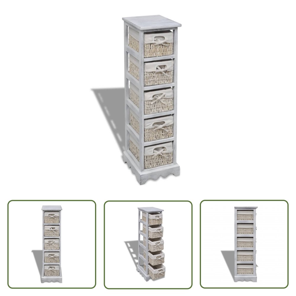 The Living Store Szafka drewniana z 5 wyplatanymi koszykami - biała - Regał Do Przechowywania