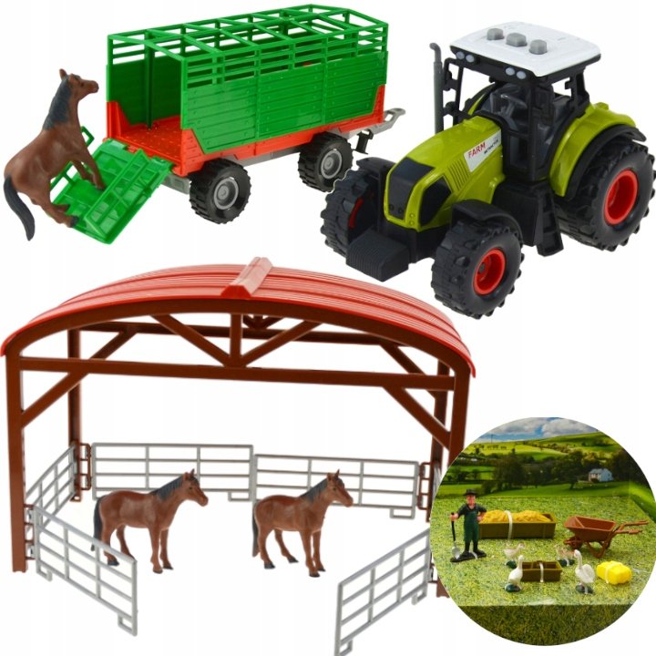 Traktor z dźwiękiem i przyczepą zestaw farma gospodarstwo zagroda konie