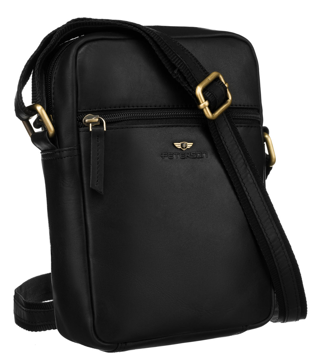 Torebka męska ze skóry naturalnej mała listonoszka na ramię czarna na suwak kieszonki lekka i funkcjonalna na prezent PETERSON