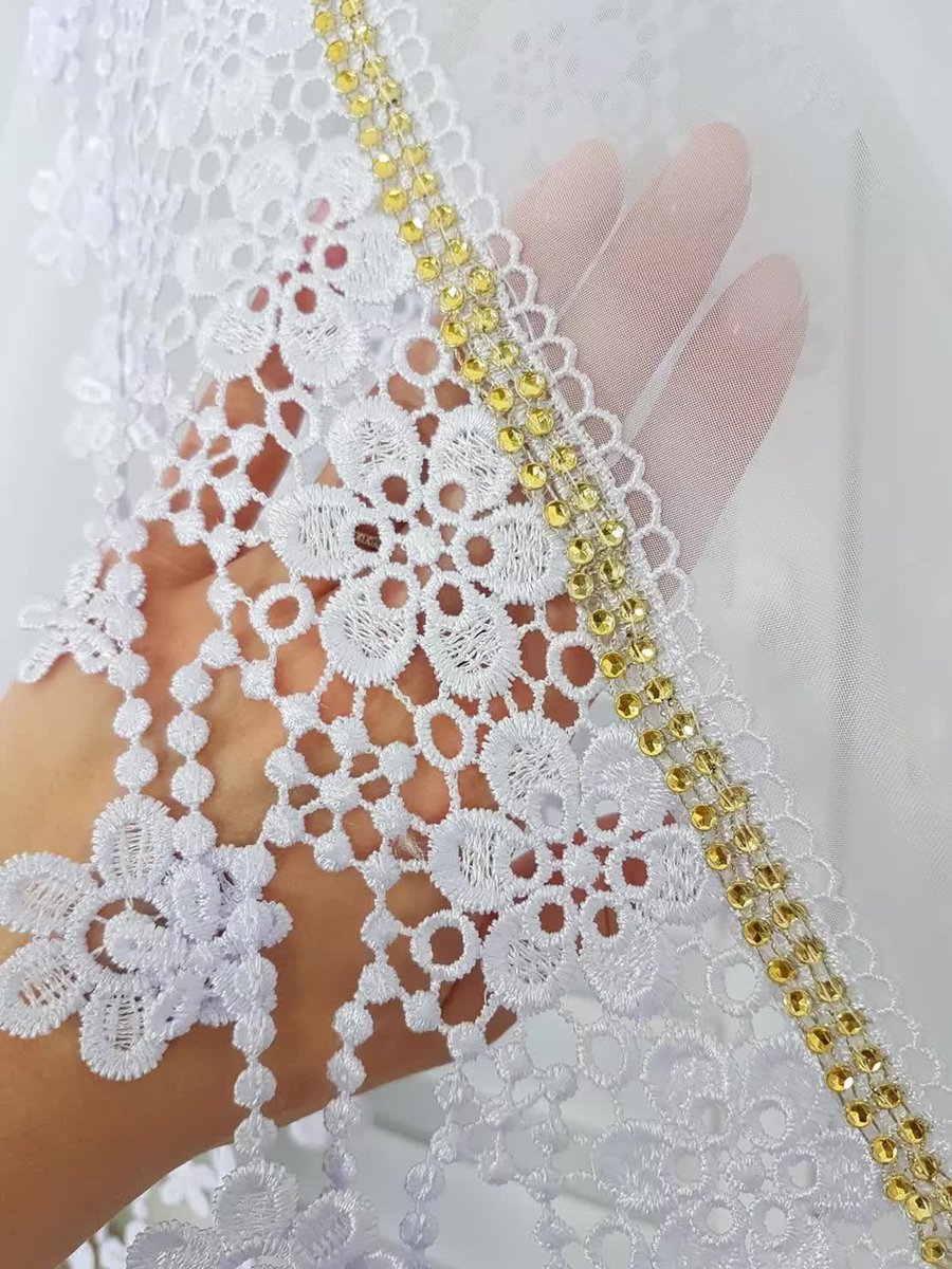 Firana gotowa ze złotymi cyrkoniami i gipiurą, nowoczesne firanki do pokoju