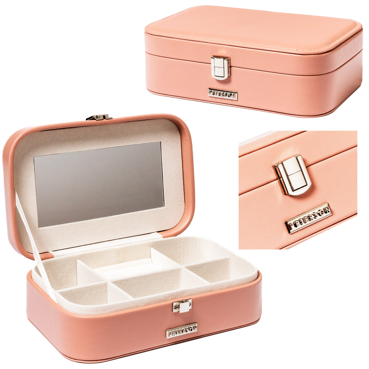 PETERSON Szkatułka na biżuterię kuferek z lusterkiem różowa pierścionki bransoletki kolczyki elegancki prezent