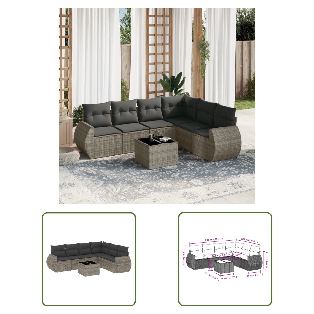The Living Store 7-cz. zestaw wypoczynkowy do ogrodu - z poduszkami - szary - Sofa Ogrodowa