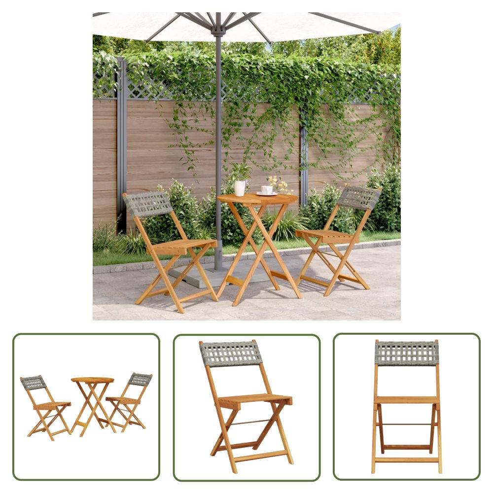 The Living Store 3-cz. zestaw mebli bistro - szary rattan PE i drewno - Zestaw Mebli Bistro