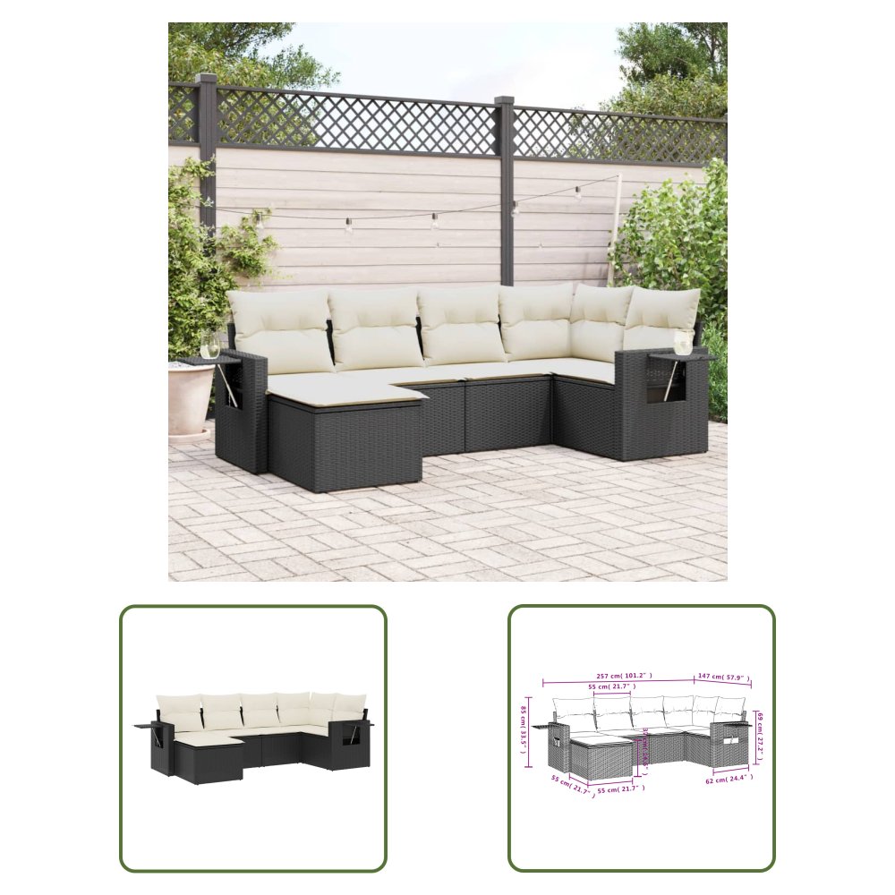 The Living Store 6-cz. zestaw mebli ogrodowych z poduszkami - czarny polirattan - Sofa Ogrodowa