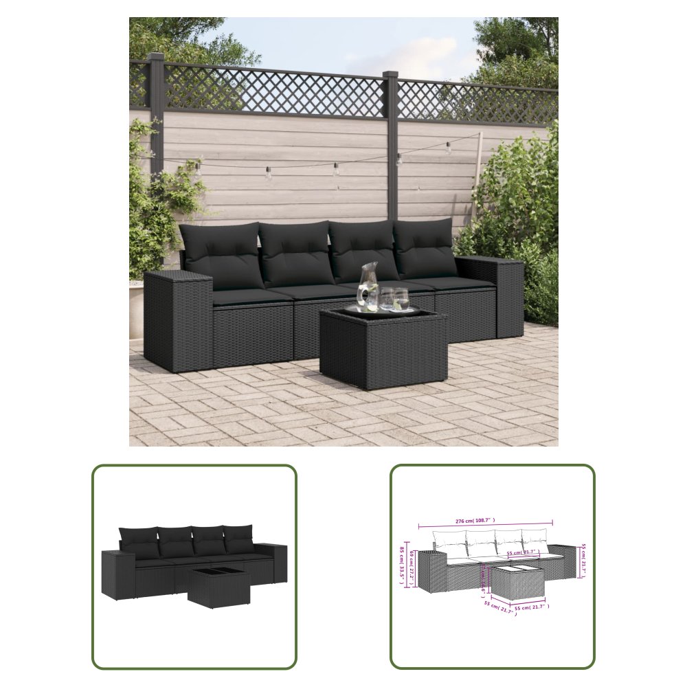 The Living Store 5-cz. zestaw wypoczynkowy do ogrodu - poduszki - czarny rattan PE - Sofa Ogrodowa