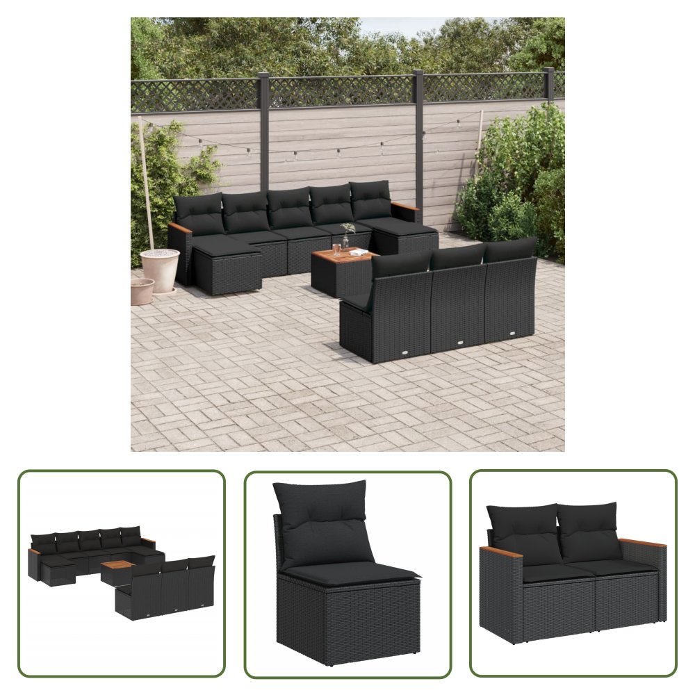 The Living Store 11-cz. zestaw wypoczynkowy do ogrodu - poduszki czarny rattan PE - Sofa Ogrodowa