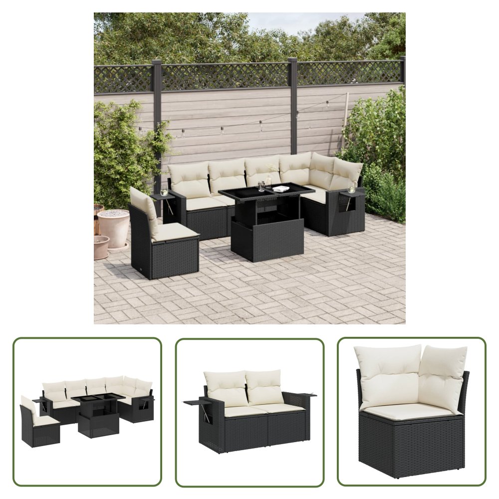 The Living Store 7-cz. zestaw wypoczynkowy do ogrodu - z poduszkami - czarny - Sofa Ogrodowa