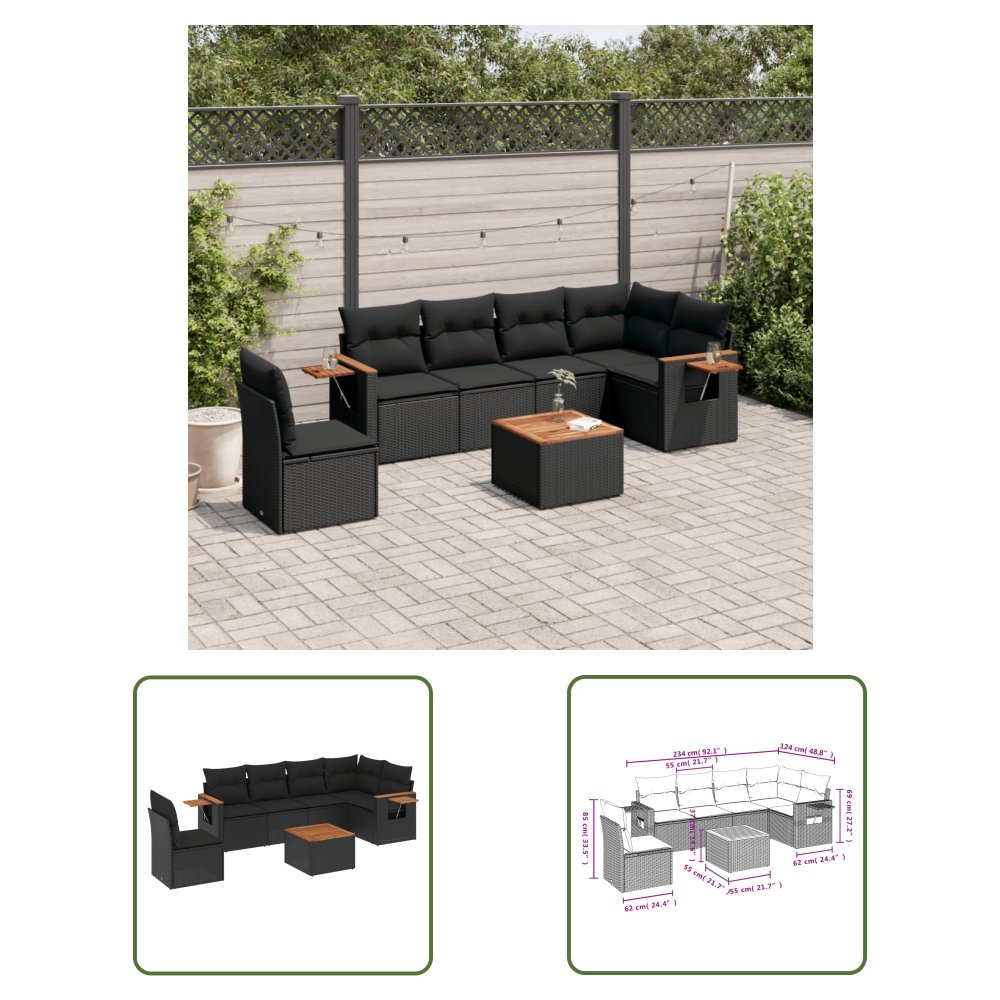 The Living Store 7-cz. zestaw wypoczynkowy do ogrodu - z poduszkami - czarny - Sofa Ogrodowa