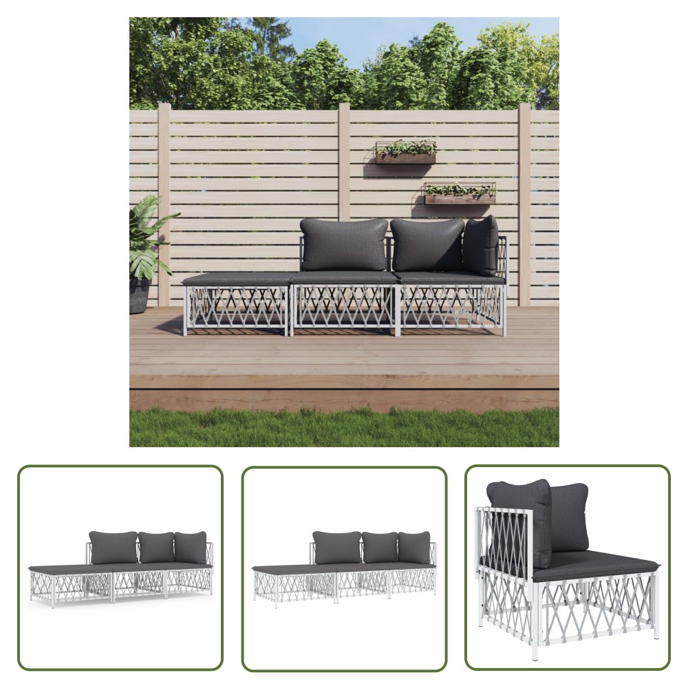 The Living Store 3-cz. zestaw wypoczynkowy do ogrodu - z poduszkami - biały - stal - Zestaw Wypoczynkowy Do Ogrodu