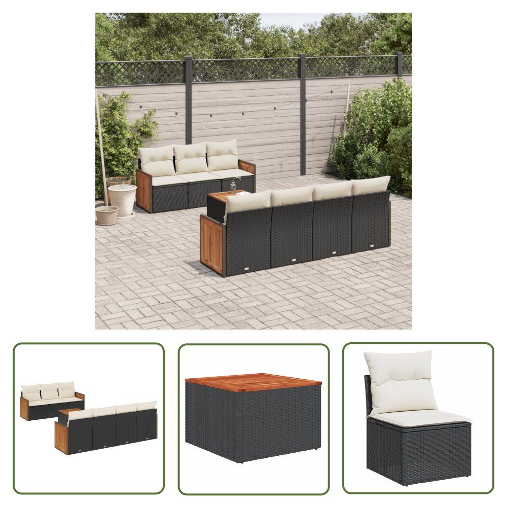The Living Store 8-cz. zestaw wypoczynkowy do ogrodu - z poduszkami - czarny - Sofa Ogrodowa