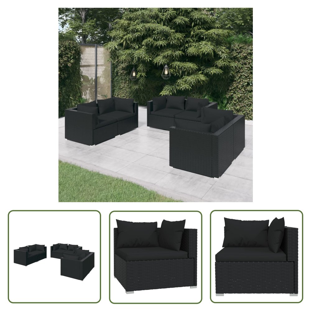 The Living Store 6-cz. zestaw wypoczynkowy do ogrodu - poduszki - czarny rattan PE - Zestaw Mebli Wypoczynkowych Do Ogrodu