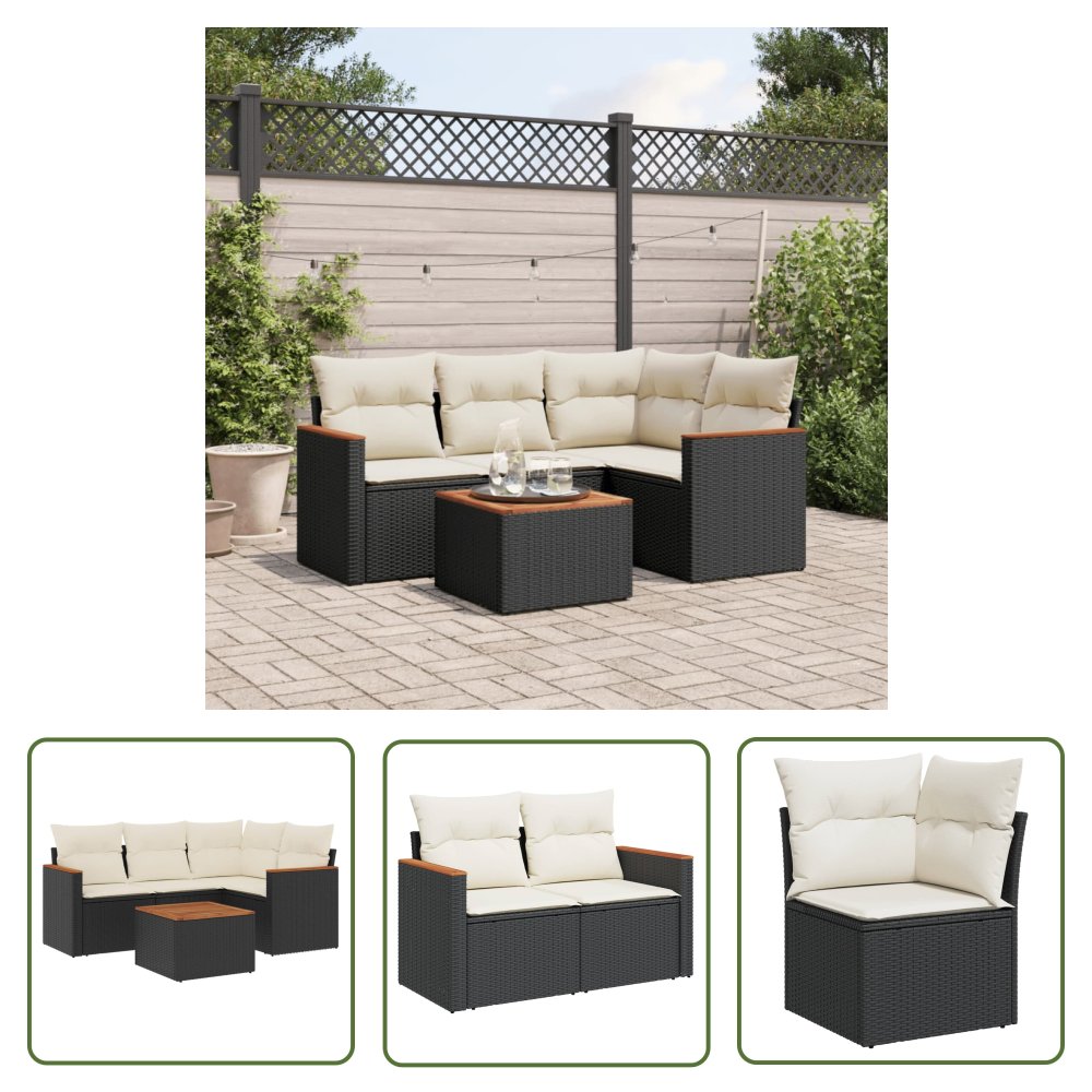 The Living Store 5-cz. zestaw wypoczynkowy do ogrodu - poduszki - czarny rattan PE - Sofa Ogrodowa