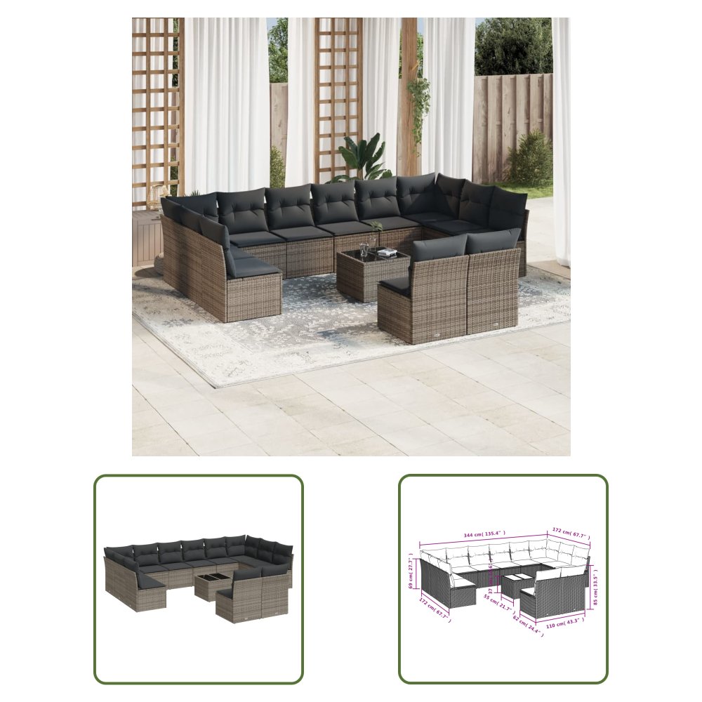 The Living Store 13-cz. zestaw mebli ogrodowych z poduszkami - szary - polirattan - Sofa Ogrodowa