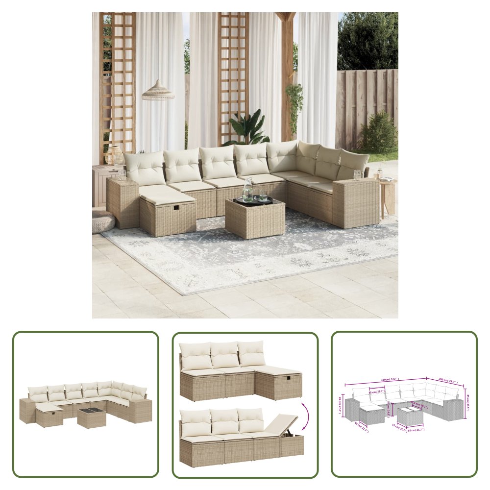 The Living Store 9-cz. zestaw mebli ogrodowych z poduszkami - beżowy - polirattan - Sofa Ogrodowa