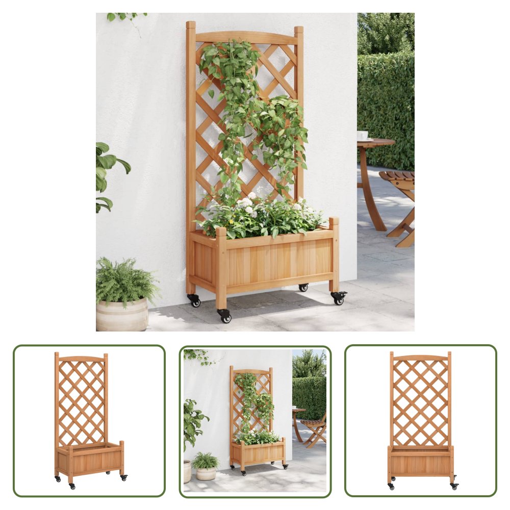 The Living Store Donica z trejażem i kółkami - brązowa - lite drewno jodłowe - Skrzynia Na Rośliny