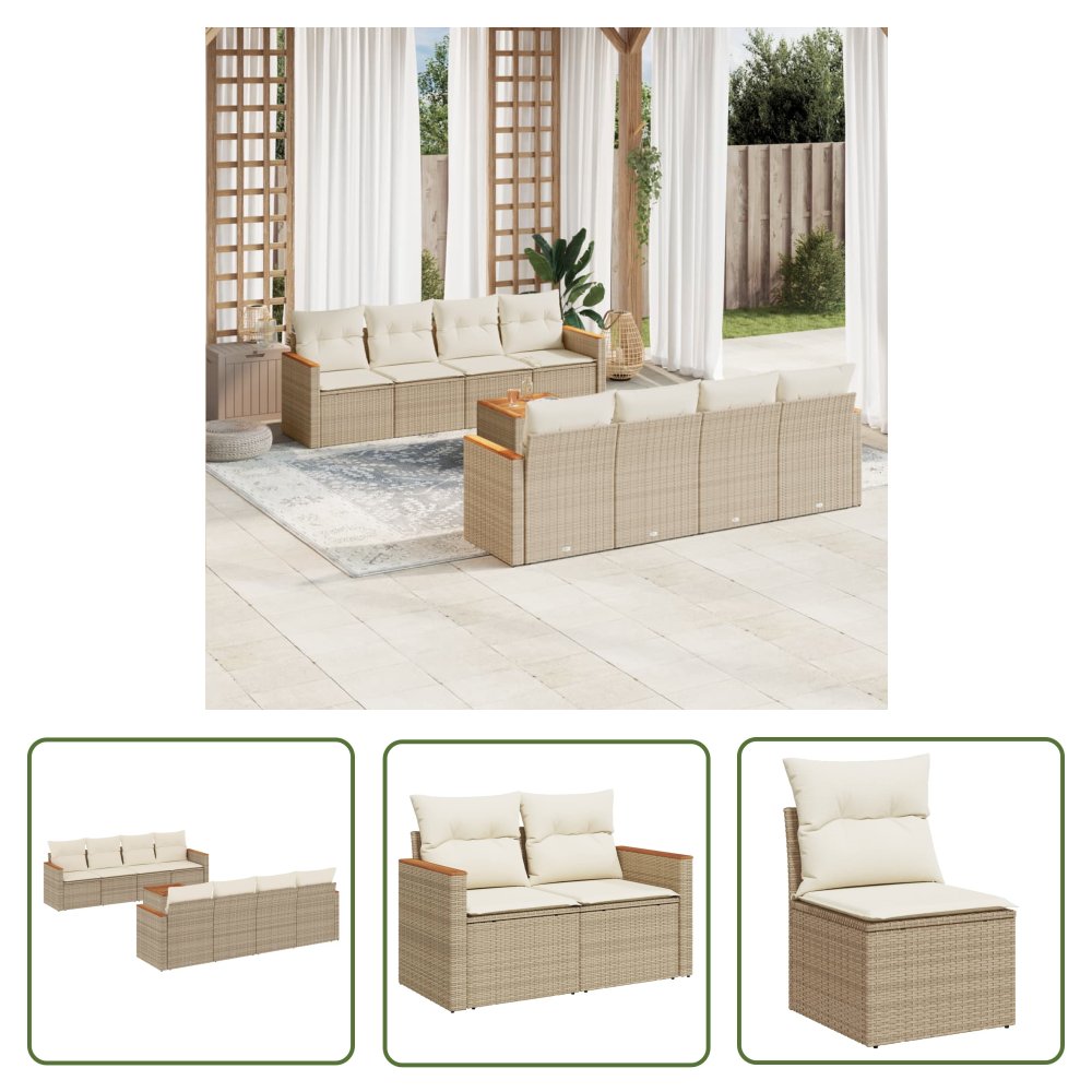 The Living Store 9-cz. zestaw mebli ogrodowych z poduszkami - beżowy - polirattan - Sofa Ogrodowa
