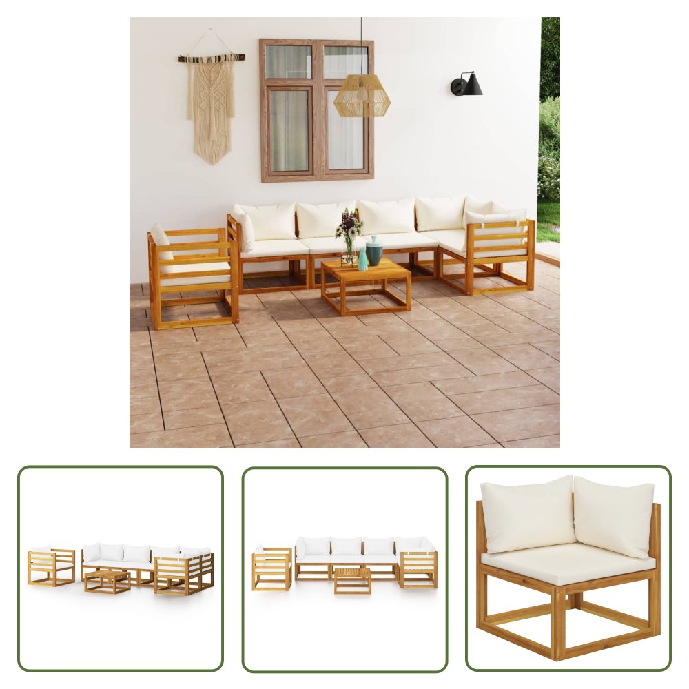 The Living Store 7-cz. zestaw wypoczynkowy do ogrodu - kremowe poduszki - akacja - Sofa Ogrodowa I Stół
