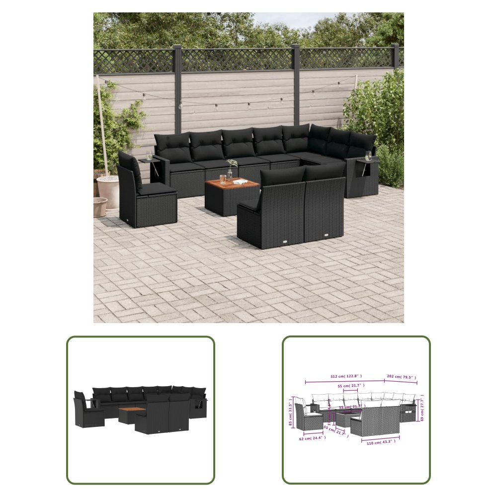 The Living Store 11-cz. zestaw wypoczynkowy do ogrodu - poduszki czarny rattan PE - Sofa Ogrodowa