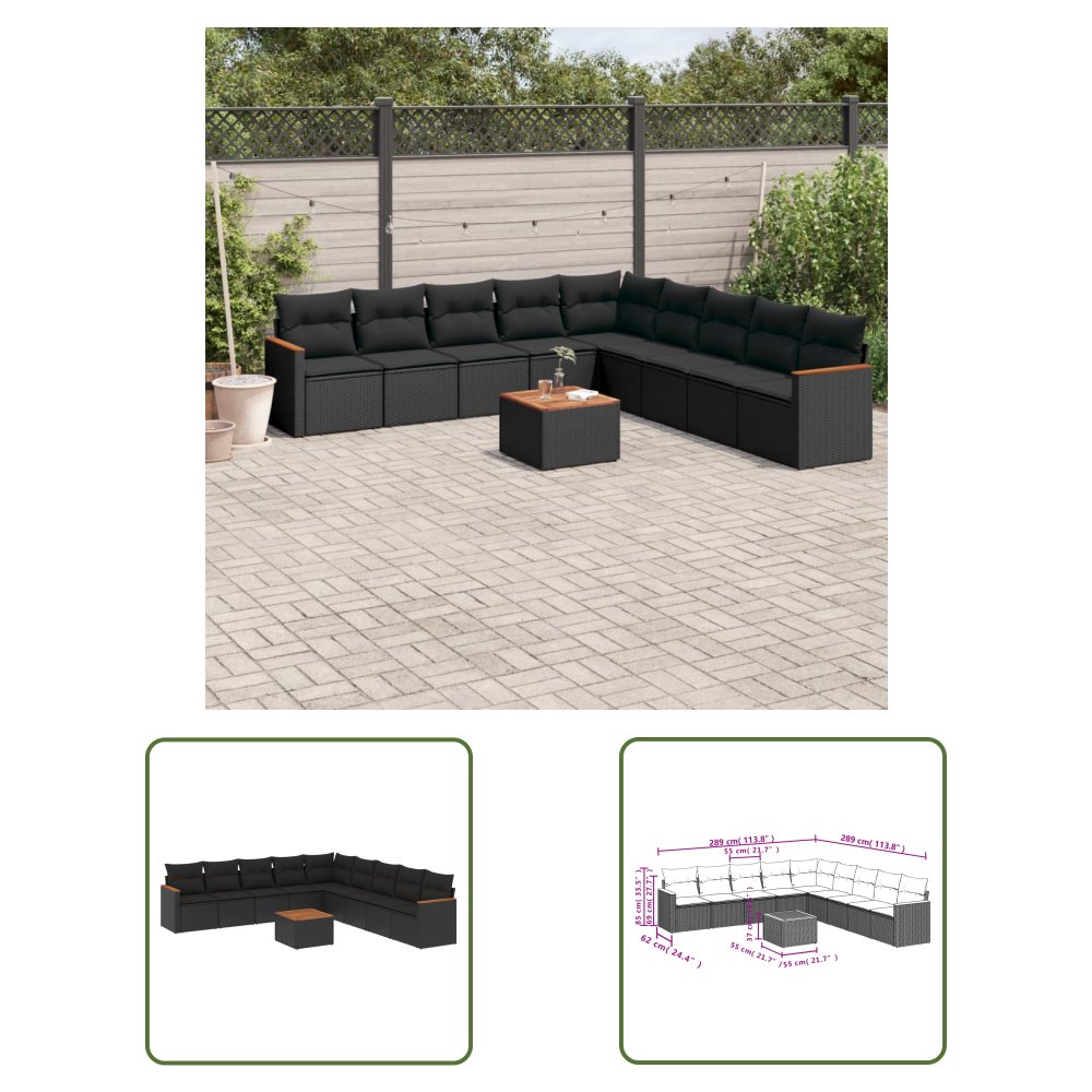 The Living Store 10-cz. zestaw wypoczynkowy do ogrodu - poduszki czarny rattan PE - Sofa Ogrodowa