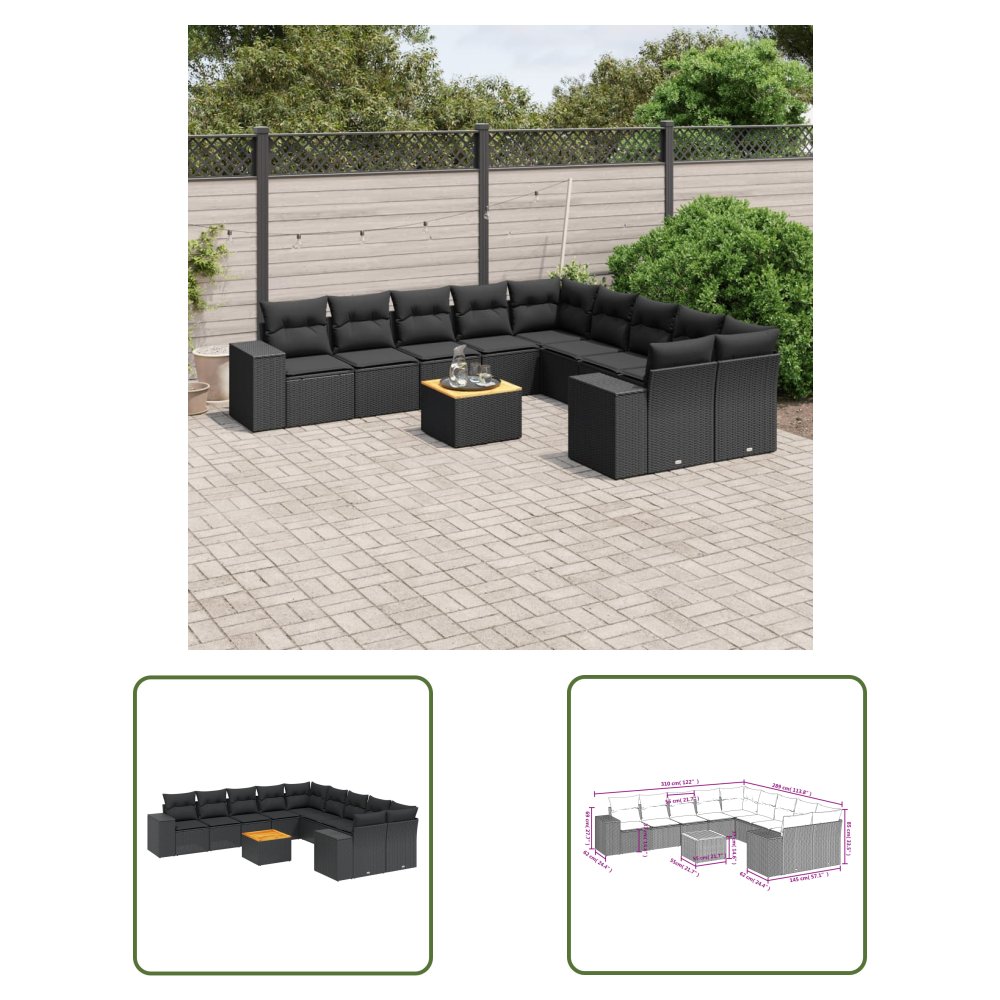 The Living Store 11-cz. zestaw wypoczynkowy do ogrodu - poduszki czarny rattan PE - Sofa Ogrodowa