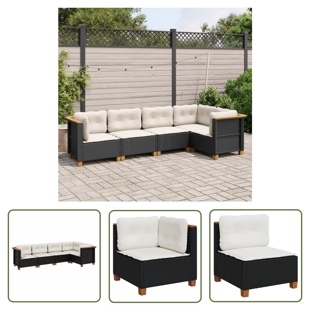 The Living Store 5-cz. zestaw wypoczynkowy do ogrodu - poduszki - czarny rattan PE - Sofa Ogrodowa