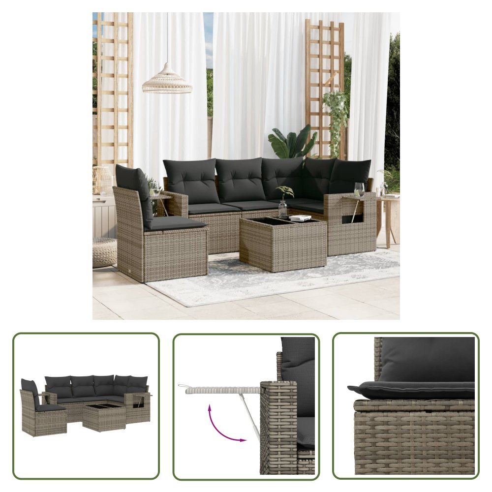 The Living Store 6-cz. zestaw mebli ogrodowych z poduszkami - szary - polirattan - Sofa Ogrodowa