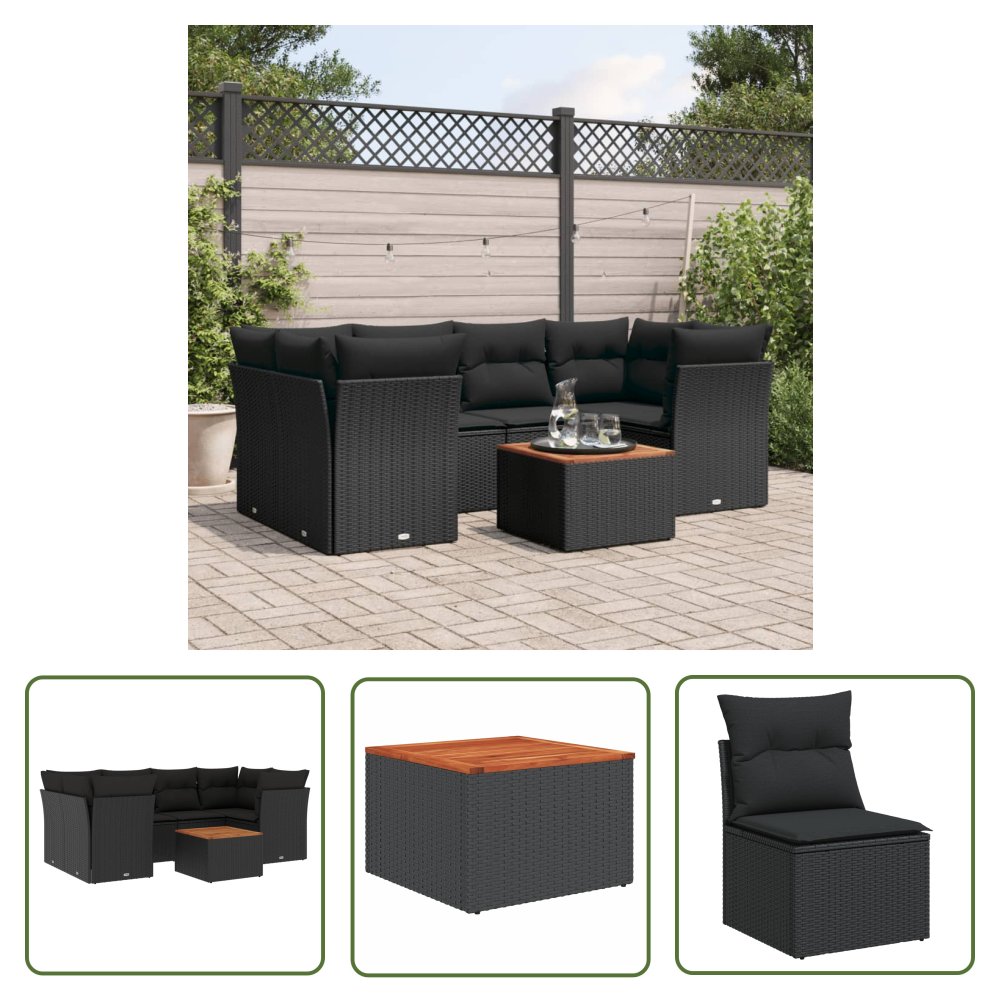 The Living Store 7-cz. zestaw wypoczynkowy do ogrodu - z poduszkami - czarny - Sofa Ogrodowa