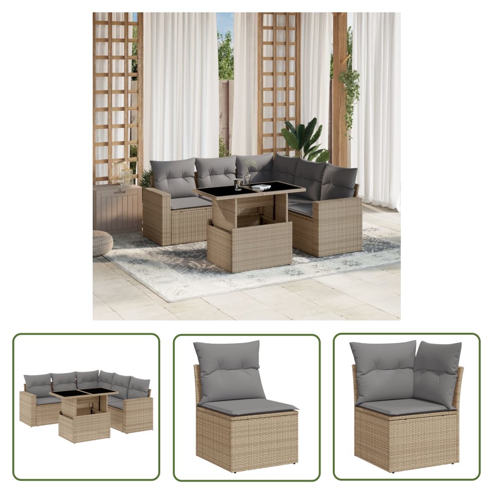 The Living Store 6-cz. zestaw mebli ogrodowych z poduszkami - beżowy - polirattan - Sofa Ogrodowa