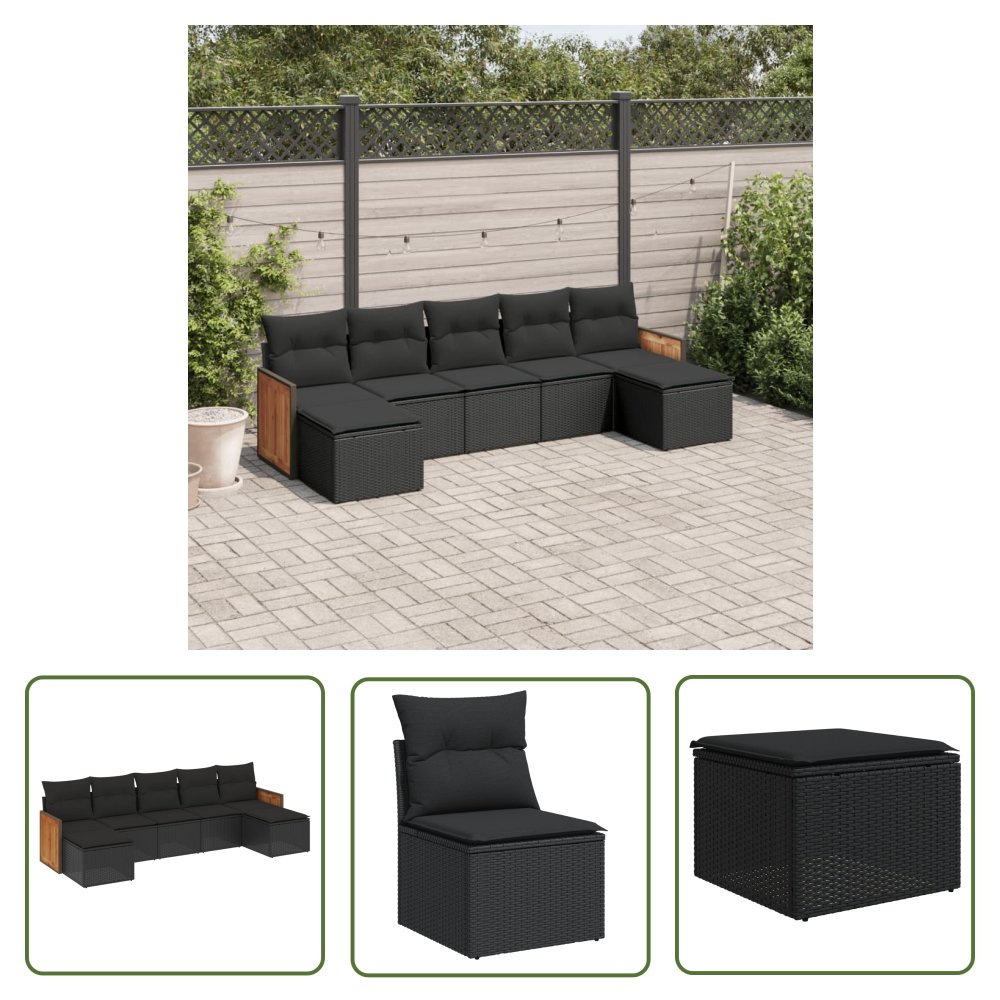 The Living Store 7-cz. zestaw wypoczynkowy do ogrodu - z poduszkami - czarny - Sofa Ogrodowa