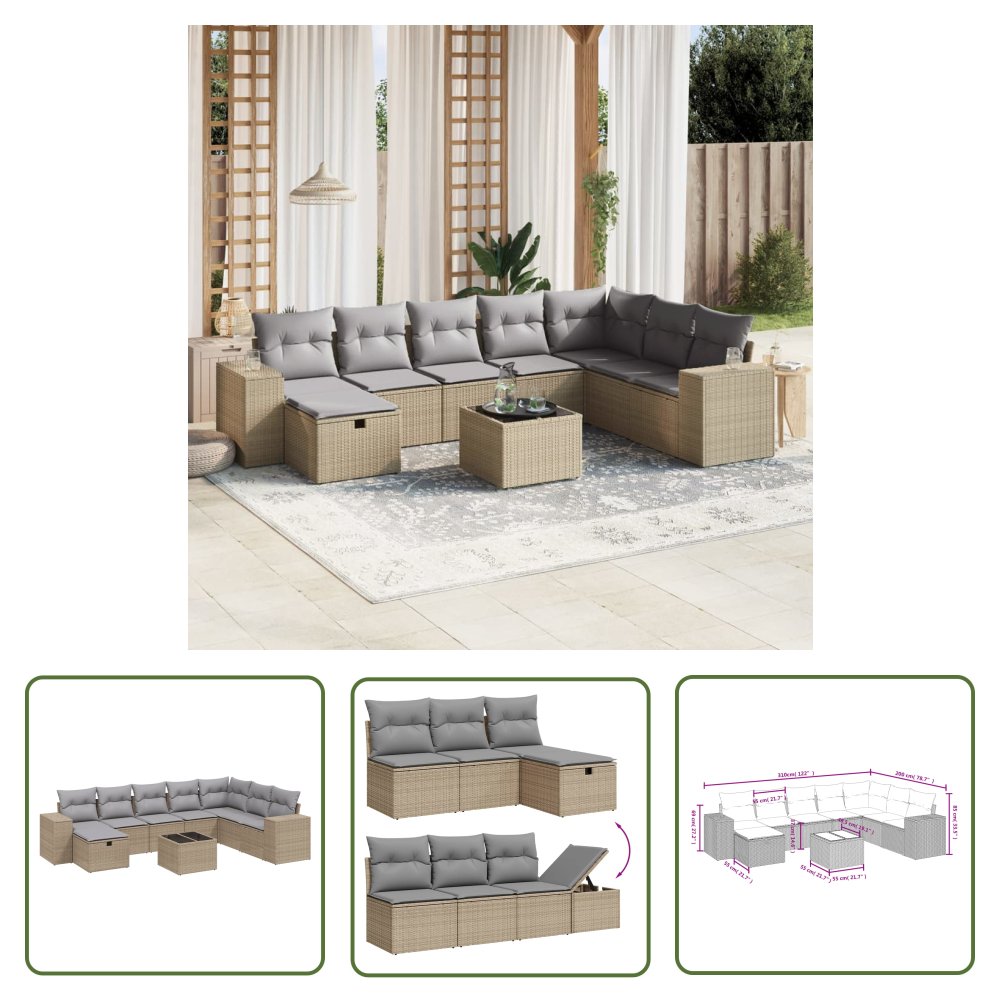 The Living Store 9-cz. zestaw mebli ogrodowych z poduszkami - mieszany beż - Sofa Ogrodowa