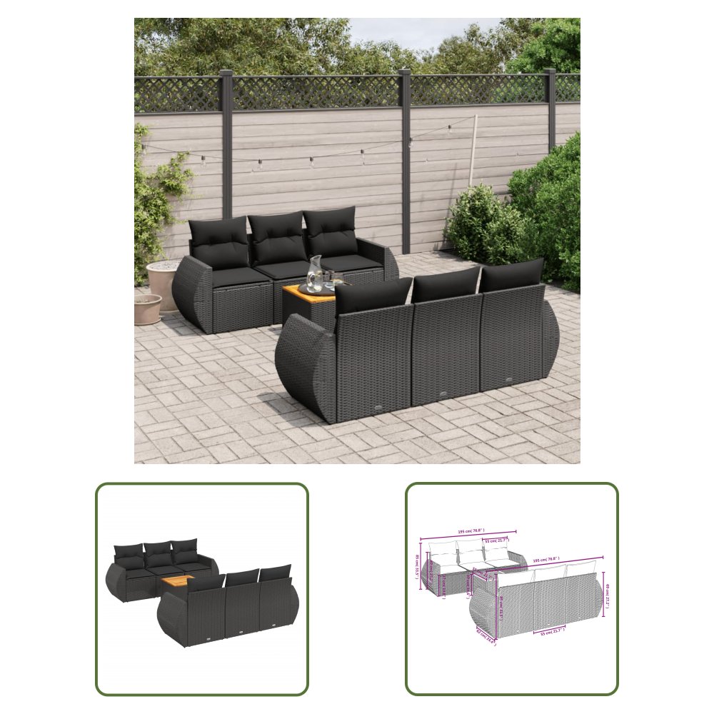 The Living Store 7-cz. zestaw wypoczynkowy do ogrodu - z poduszkami - czarny - Sofa Ogrodowa