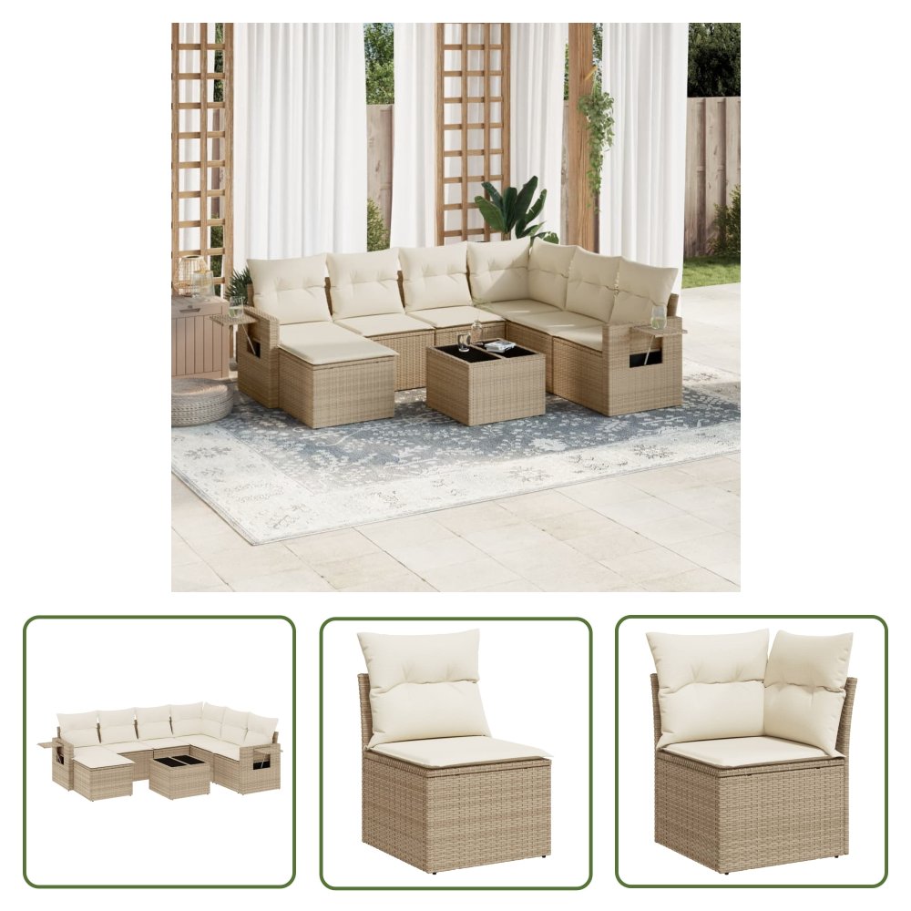 The Living Store 8-cz. zestaw mebli ogrodowych z poduszkami - beżowy - polirattan - Sofa Ogrodowa