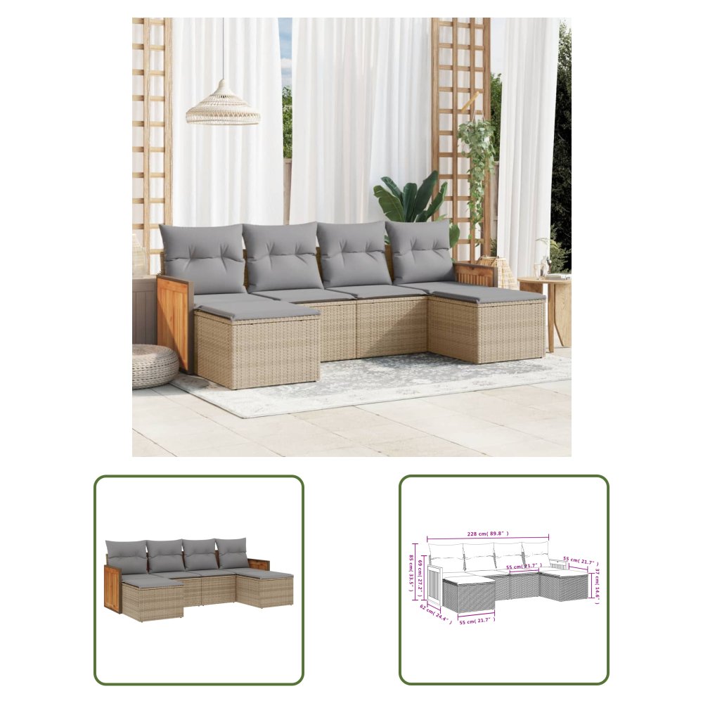 The Living Store 6-cz. zestaw mebli ogrodowych z poduszkami - beżowy - polirattan - Sofa Ogrodowa