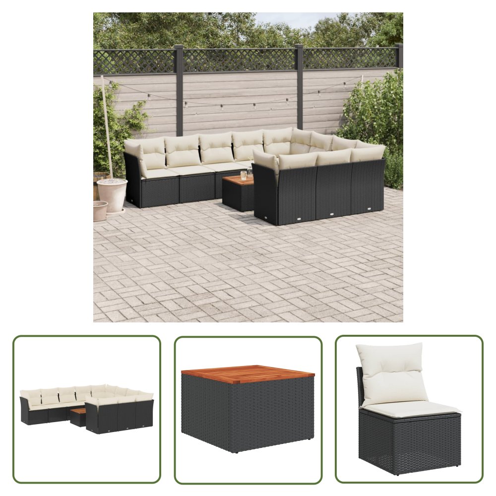 The Living Store 11-cz. zestaw wypoczynkowy do ogrodu - poduszki czarny rattan PE - Sofa Ogrodowa