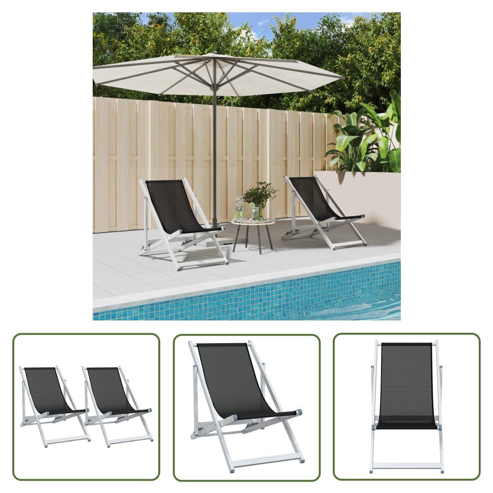 The Living Store Składane krzesła plażowe - 2 szt. - czarne - aluminium i textilene - Krzesło Plażowe