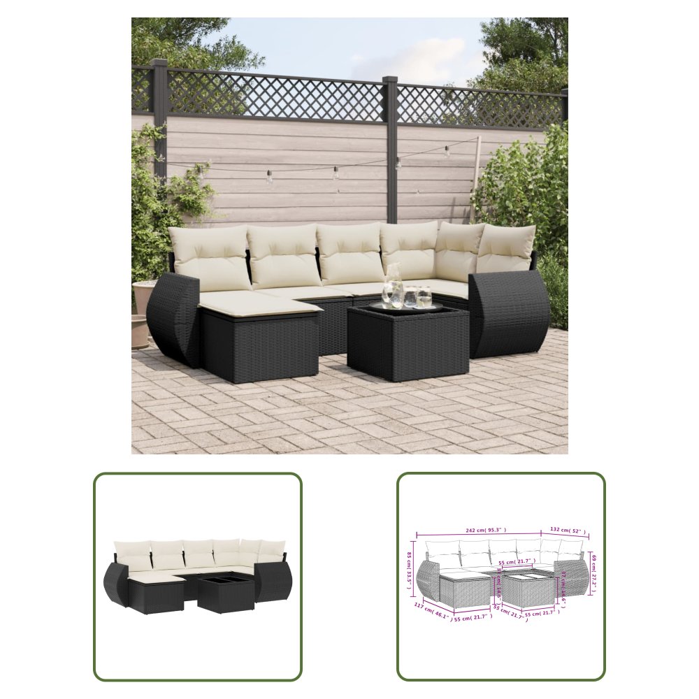 The Living Store 7-cz. zestaw wypoczynkowy do ogrodu - z poduszkami - czarny - Sofa Ogrodowa