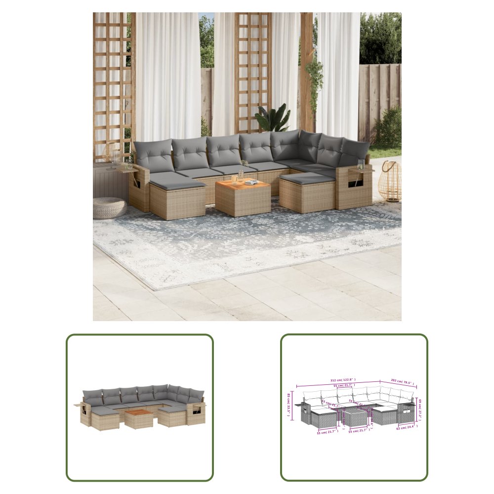 The Living Store 10-cz. zestaw mebli ogrodowych z poduszkami - mieszany beż - Sofa Ogrodowa