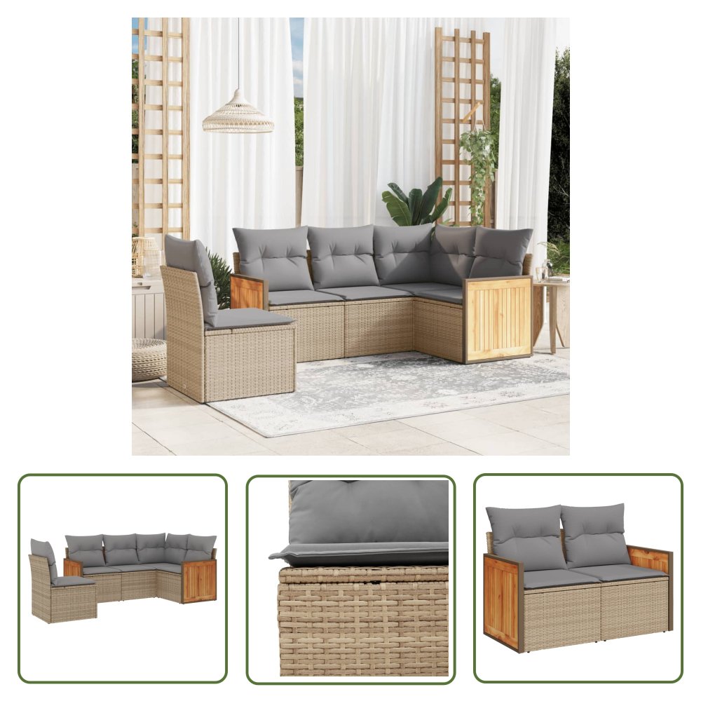 The Living Store 5-cz. zestaw mebli ogrodowych z poduszkami - beżowy - polirattan - Sofa Ogrodowa