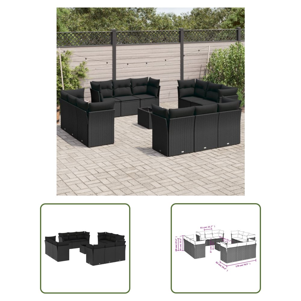 The Living Store 13-cz. zestaw mebli do ogrodu - poduszki - czarny - rattan PE - Sofa Ogrodowa
