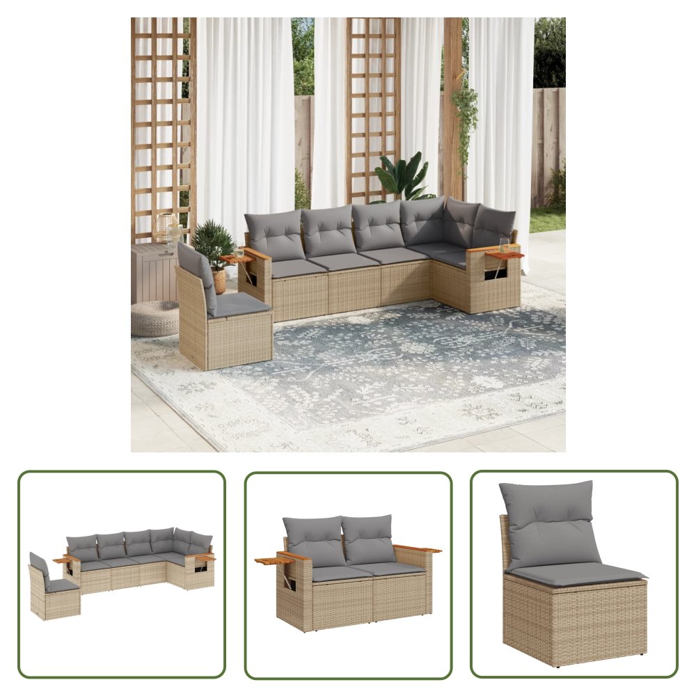 The Living Store 6-cz. zestaw mebli ogrodowych z poduszkami - beżowy - polirattan - Sofa Ogrodowa