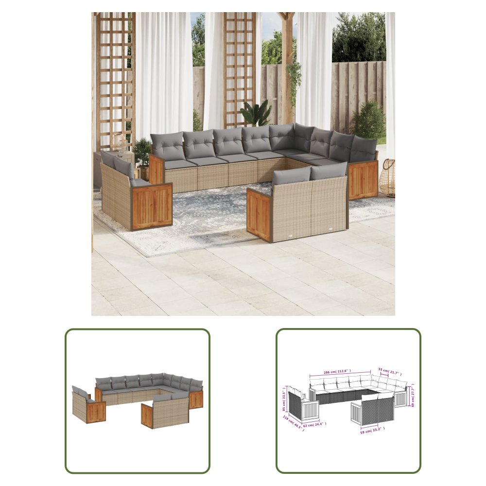 The Living Store 12-cz. zestaw mebli ogrodowych z poduszkami - beżowy - polirattan - Sofa Ogrodowa