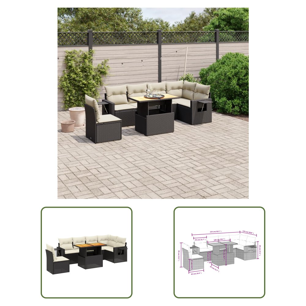 The Living Store 7-cz. zestaw wypoczynkowy do ogrodu - z poduszkami - czarny - Sofa Ogrodowa