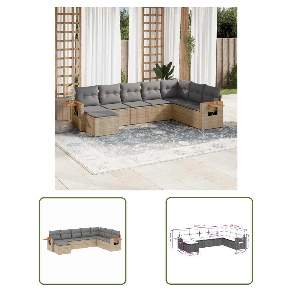 The Living Store 8-cz. zestaw mebli ogrodowych z poduszkami - beżowy - polirattan - Sofa Ogrodowa