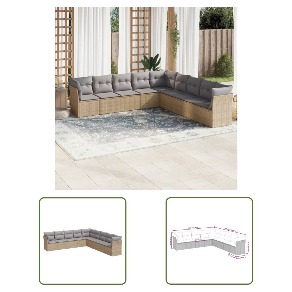 The Living Store 9-cz. zestaw mebli ogrodowych z poduszkami - beżowy - polirattan - Sofa Ogrodowa