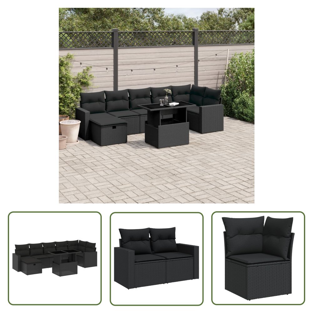 The Living Store 8-cz. zestaw wypoczynkowy do ogrodu - z poduszkami - czarny - Sofa Ogrodowa